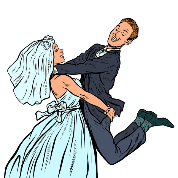 Düğün. mutlu sevgi dolu gelin ve damat. kadın adam taşır — Stok Vektör