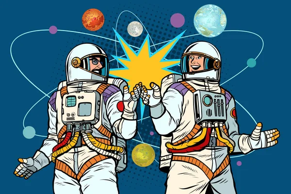 Cosmonautics day. Two astronauts together — Stockvector