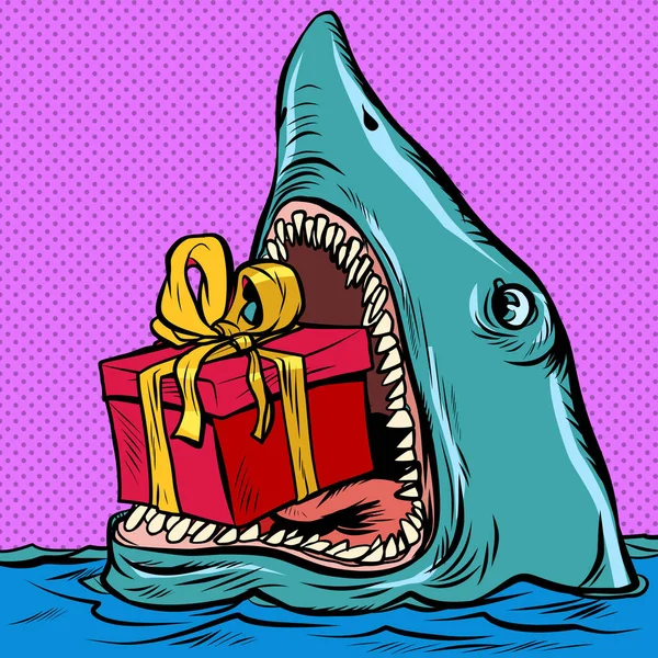Shark z pudełko prezent. Wakacje zakupy świąteczne Walentynki urodziny — Wektor stockowy