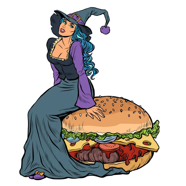Burger'in üzerinde oturan Cadılar Bayramı cadısı. Restoranda şenlikli menü — Stok Vektör