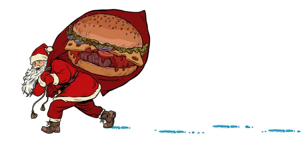 Santa con hamburguesa de comida rápida. Navidad y Año Nuevo — Vector de stock