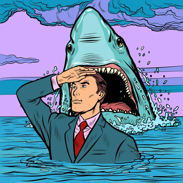 En framgångsrik affärsman är inte rädd för en hajattack — Stock vektor
