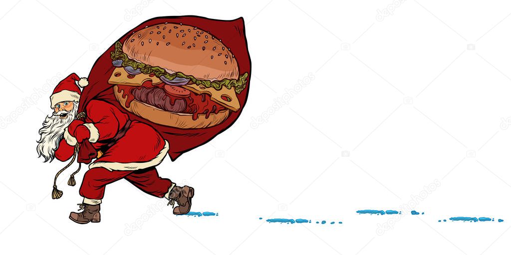 Santa with a Burger fast food. Christmas and New year
