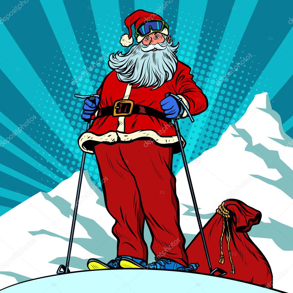 Skier in the mountains Santa Claus character merry Christmas and happy new year