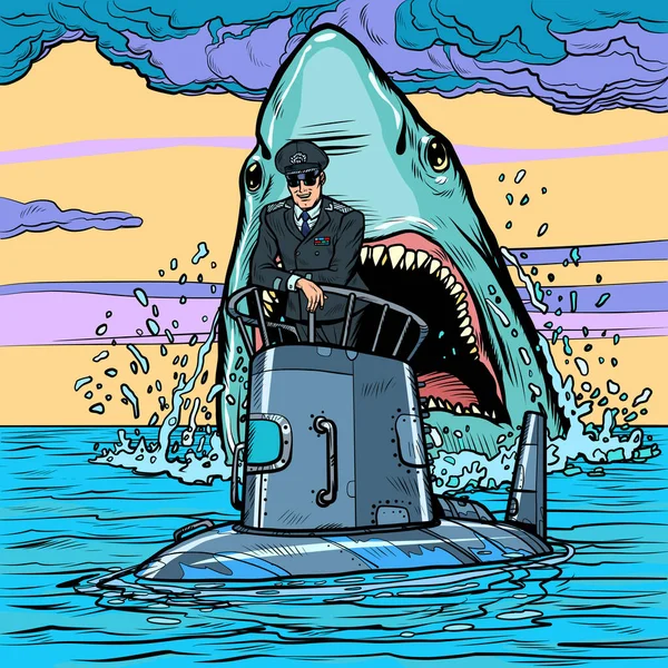 Captain of the submarine. Shark attack — Stock Vector
