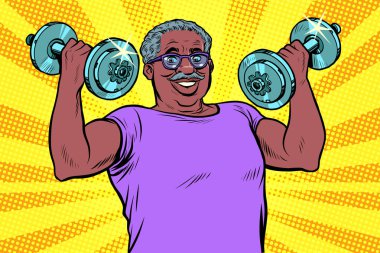 Yaşlı Afrikalı adam halterleri kaldırıyor, spor yapıyor.