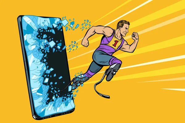 Beenloze mannelijke atleet met een prothese telefoon gadget smartphone. Online internet applicatie service programma — Stockvector