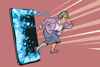 Emekli kadın ve yeni teknoloji konsepti. Büyükannem akıllı telefonun ekranını yumrukluyor ve internete giriyor.
