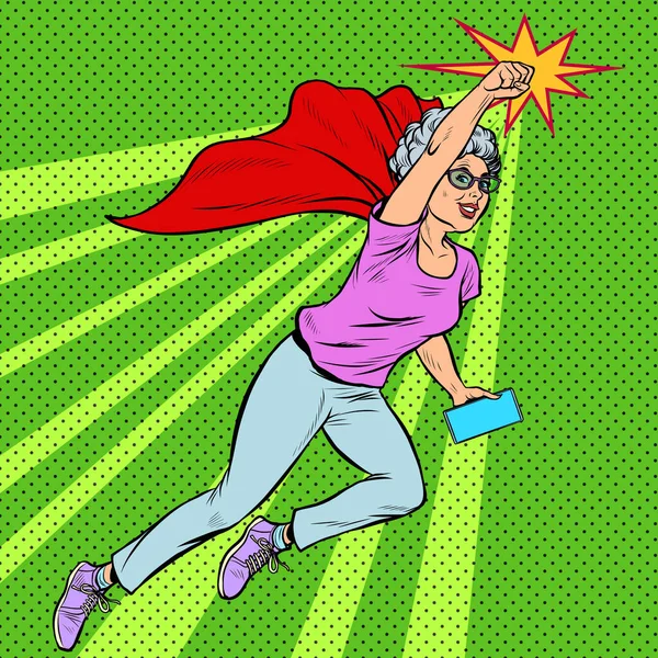 Жінка-бабуся супергерой літає активна сильна пенсіонерка літня леді — стоковий вектор
