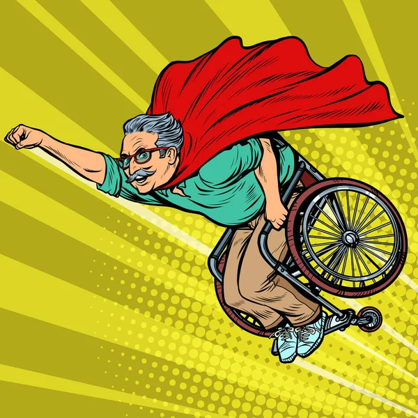 Hombre superhéroe retirado discapacitado en una silla de ruedas. Salud y longevidad de las personas mayores — Archivo Imágenes Vectoriales