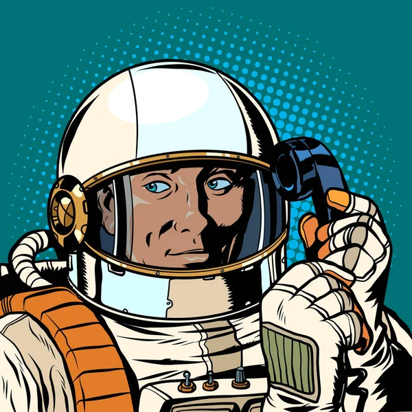 Σοβαρός αστροναύτης που μιλάει σε ένα ρετρό τηλέφωνο — Διανυσματικό Αρχείο