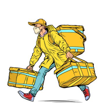 Tıbbi maskeli bir kurye. Salgın sırasında yemek teslimatı