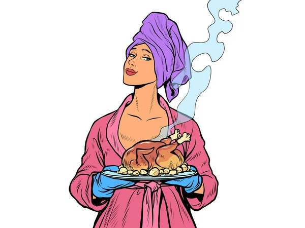 Femme avec canard de poulet de volaille frit prêt. isoler sur fond blanc — Image vectorielle