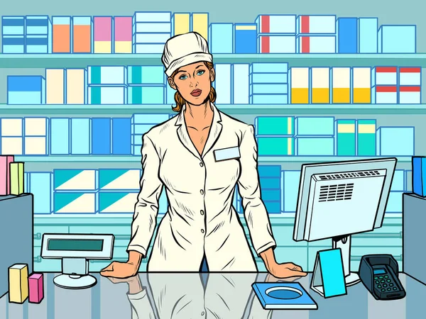 The woman pharmacist. Working in a pharmacy. Medicine sales — Stock Vector