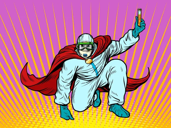 Super héros médecin homme avec un vaccin médicament en combinaison de protection, épidémie — Image vectorielle