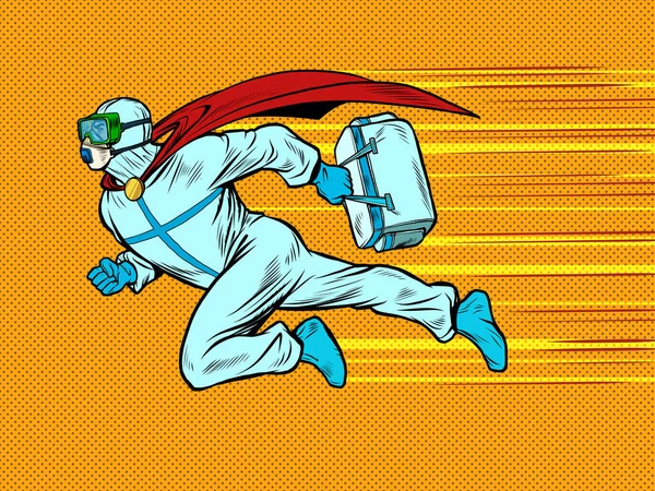 Superhjälte läkare man flyger till undsättning med ett medicinskåp i skyddsdräkt, epidemi — Stock vektor