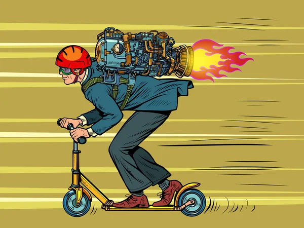 Un homme d'affaires conduit un scooter. moteur à réaction à grande vitesse — Image vectorielle