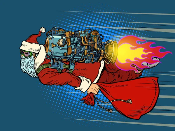 Der Weihnachtsmann fliegt auf einem Raketenrucksack. Weihnachten und Neujahr — Stockvektor