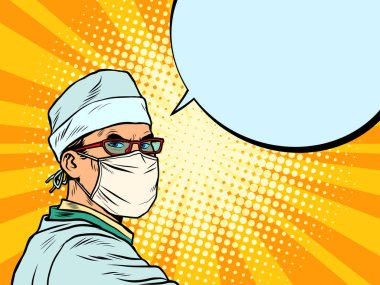 Tıbbi maskeli bir erkek doktor.
