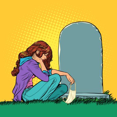 a widow or daughter who lost a family member in an epidemic. Girl with a medical mask near the grave clipart