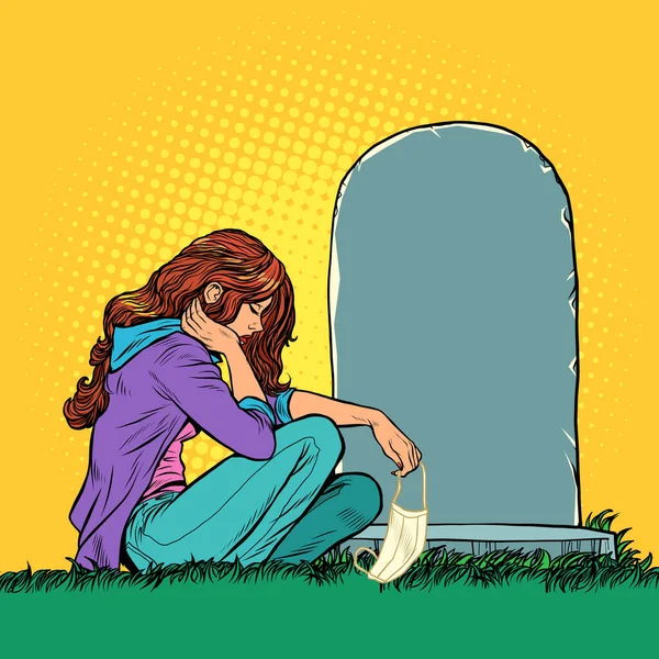 Bir aile üyesini salgında kaybeden dul ya da kız. Mezarın yanında tıbbi maskeli bir kız. — Stok Vektör