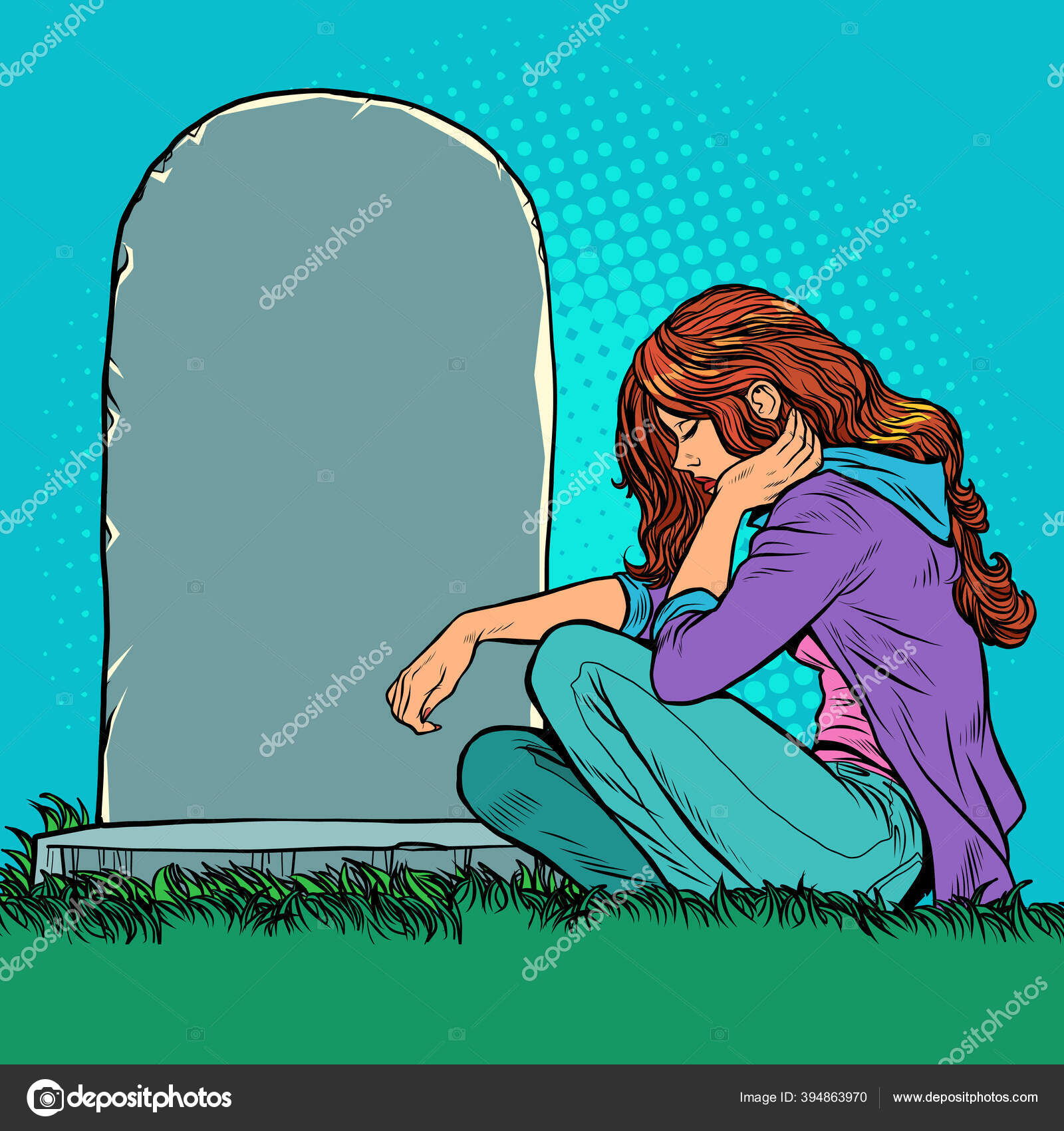 Una triste viuda o hija cerca de una tumba en el cementerio. Día  conmemorativo, padre o esposo veterano . Vector de stock por ©studiostoks  394863970, image size:1600x1700