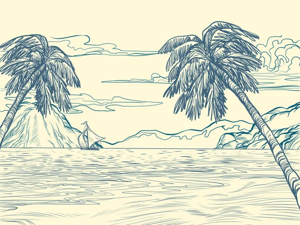 Palm trees sea contour silhouette — Stock Vector