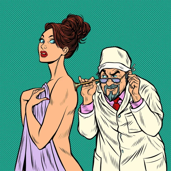 Dokter dengan stetoskop retro mendengarkan pasien perempuan - Stok Vektor