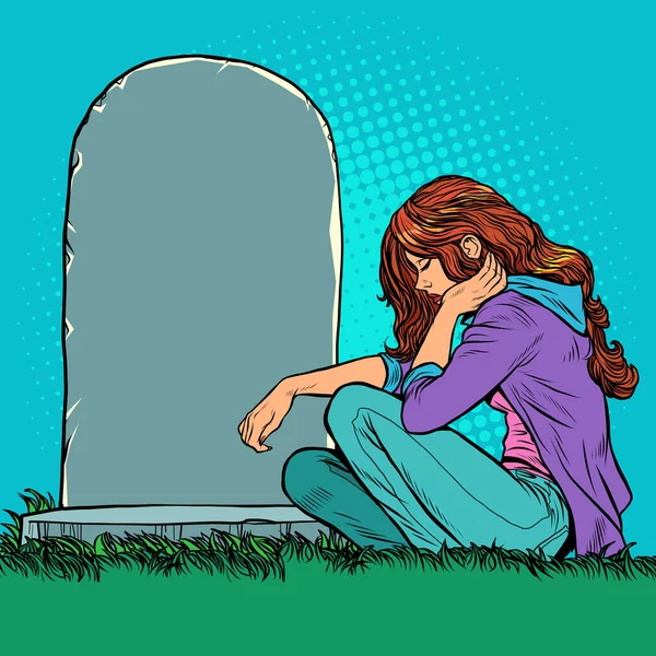 Egy szomorú özvegy vagy lány egy sír mellett a temetőben. Emléknap, veterán apa vagy férj. — Stock Vector