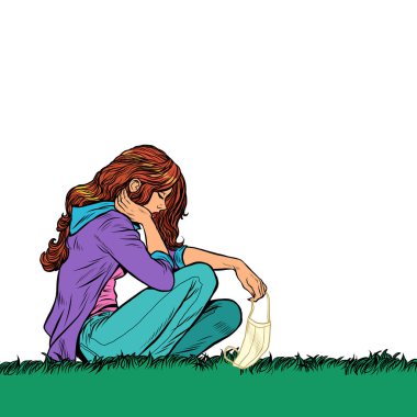 Sad girl with a medical mask clipart