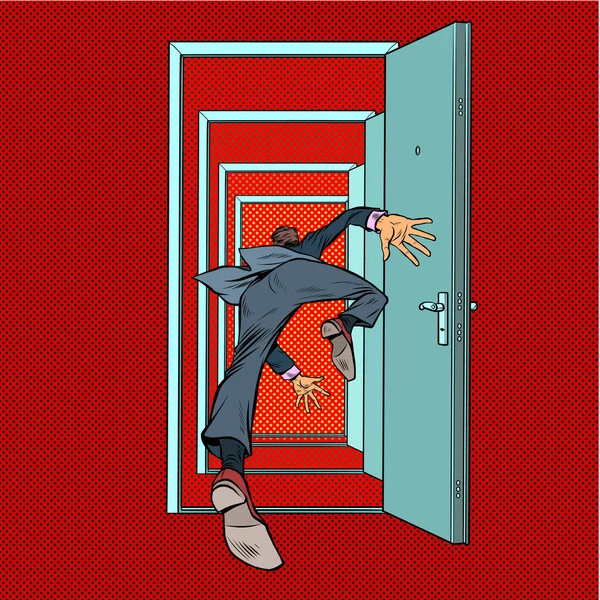 Un hombre de negocios cae por la puerta — Vector de stock