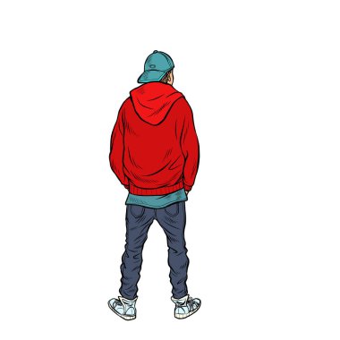 Genç bir çocuk geride duruyor.