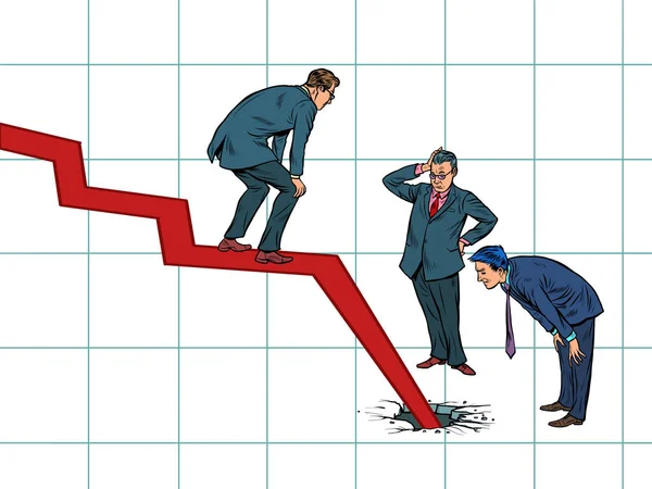 Businessmen and the problem of bankruptcy. The chart goes down and broke the floor — Stock Vector