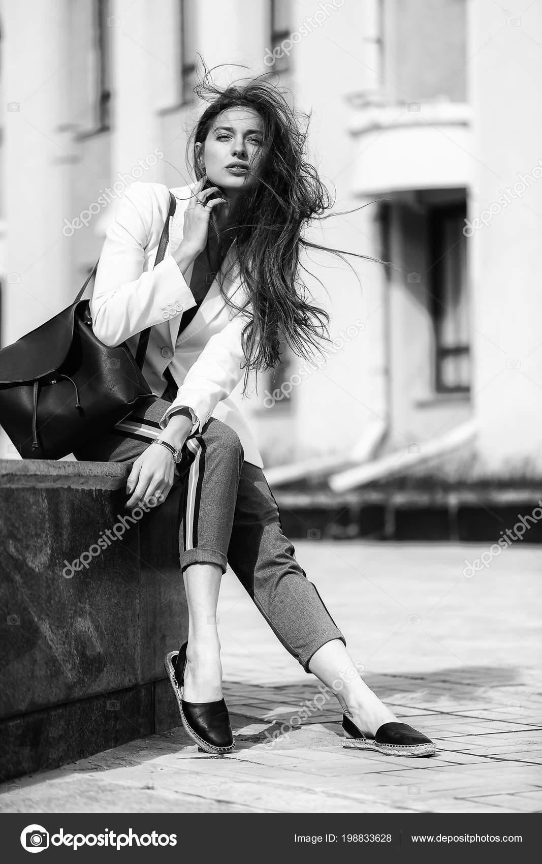 Black White Portrait Beautiful Female Model Sitting Outdoors Urban