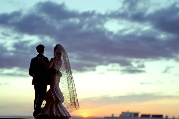 Silhouette Jeunes Mariés Avec Fond Lever Soleil Scène Romantique Les — Photo