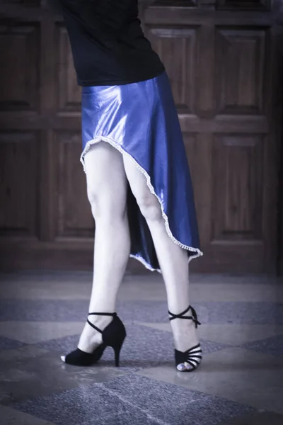 Female dancer legs of latin rhythms and ballroom dancing posing. Copy space