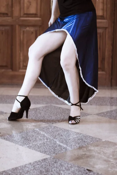 Female dancer legs of latin rhythms and ballroom dancing posing. Copy space