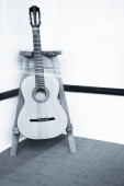 Španělský kytarový hudební nástroj usazený na stativu. Žádní lidé
