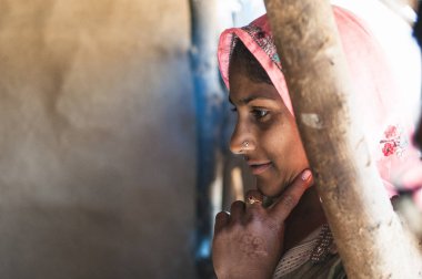 Sariska, Hindistan: 19 Şubat 2015 - gülümseyen ve baktılar seyir geleneksel giyim Hintli bir kadın vurdu.