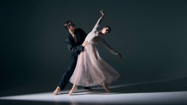 Zarif kaldırma ile bale düeti performansı, dramatik ışık altında yakalanan rafine denge. Sanat, duygusal hikaye anlatma, hareket, romantizm ve kültürel zarafet kavramı.