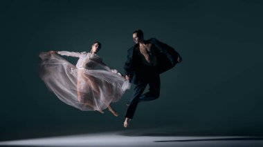 Uçuşan elbise ve dramatik hareketlerle havada bale düeti. Etkileyici sahne sanatı, romantizm, kültürel hikaye anlatımı ve fiziksel şiir kavramı.