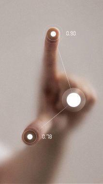 Minimalist kolaj. Parlak veri değerleriyle gelecekteki dijital bağlantı noktalarına parmak basmak. Analiz, teknoloji, akıllı arayüz, veri görselleştirme ve duygusal hassasiyet kavramı.