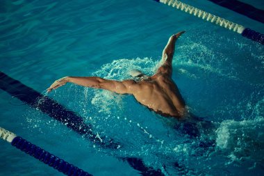 Havuz şeridine sıçramış kelebek yüzme kolları. Yüzme tekniği, motivasyon, rekabet, profesyonel fitness ve patlayıcı spor performansı kavramı.