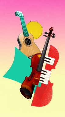 Ukulele keman tef piyano kompozisyonu, canlı gradyan arkaplan. Konserler, müzik eğitimi, kültür festivalleri, markalaşma, yaşam tarzı kampanyaları ve yaratıcı tanıtım.