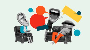 Büyük ağızlı ve kulaklı canlı tartışmalı renkli çift terapisinin cesur posteri. İletişim, gazetecilik, sosyal projeler ve halkla ilişkiler kampanyaları kavramı.