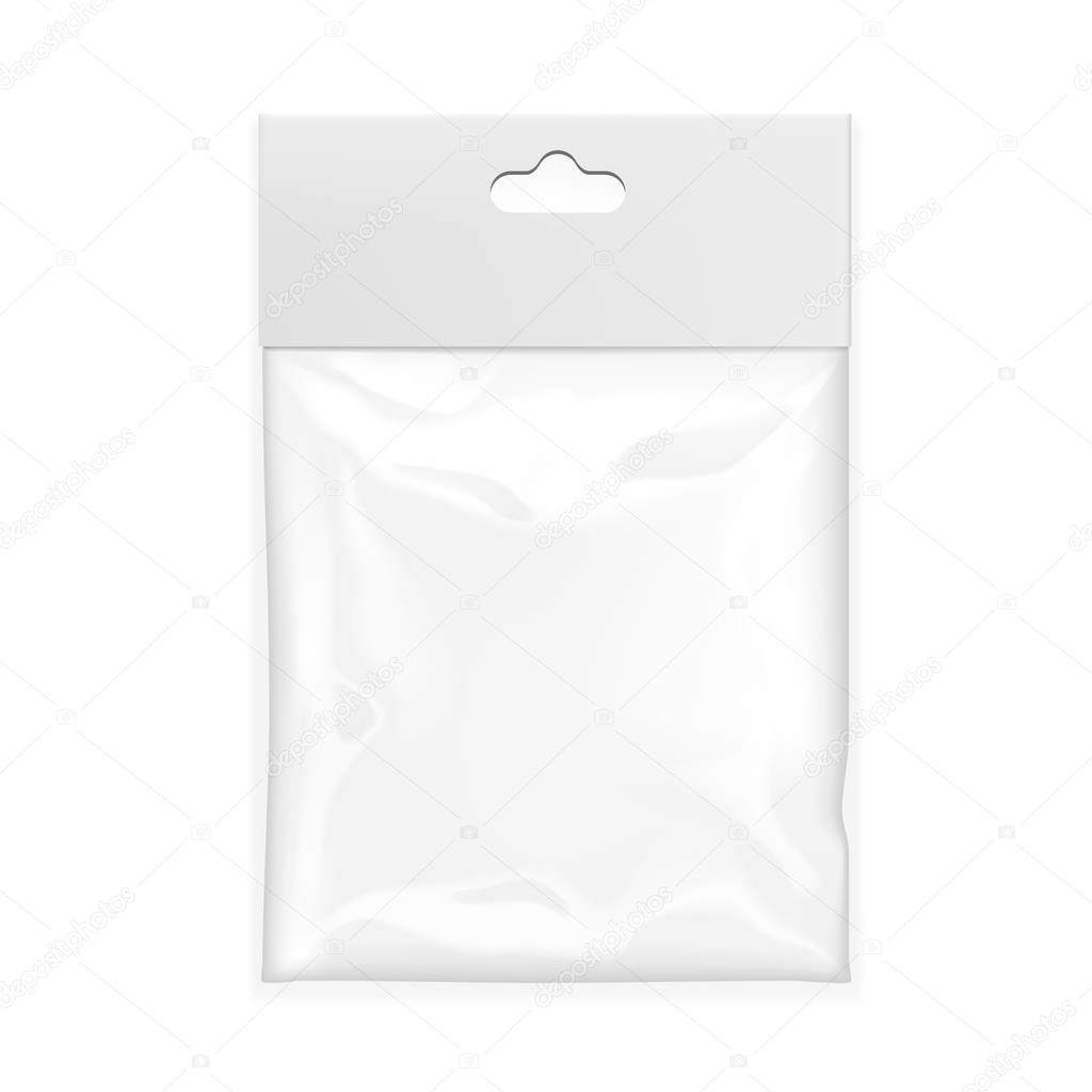 Realistic White Blank Plastic Pocket Bag With Hang Slot. EPS10 Vector