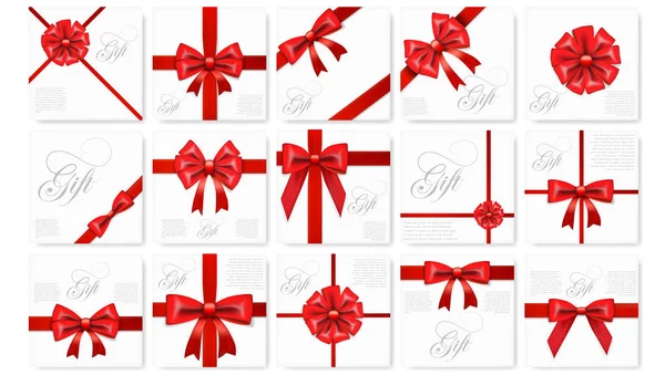 Big Set Realistic Gift Card Red Bow Ribbon Template Eps10 — Stock Vector