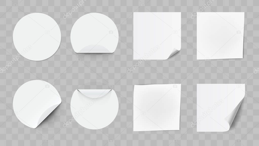 Blank White Round Adhesive Stickers With Curved Corner Set. EPS10 Vector