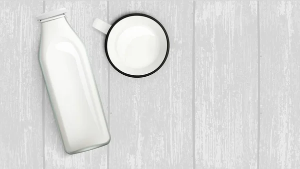 Μπουκάλι Γάλα Ρεαλιστική Και Κύπελλο Στο Ξύλινο Τραπέζι Eps10 Διάνυσμα — Διανυσματικό Αρχείο