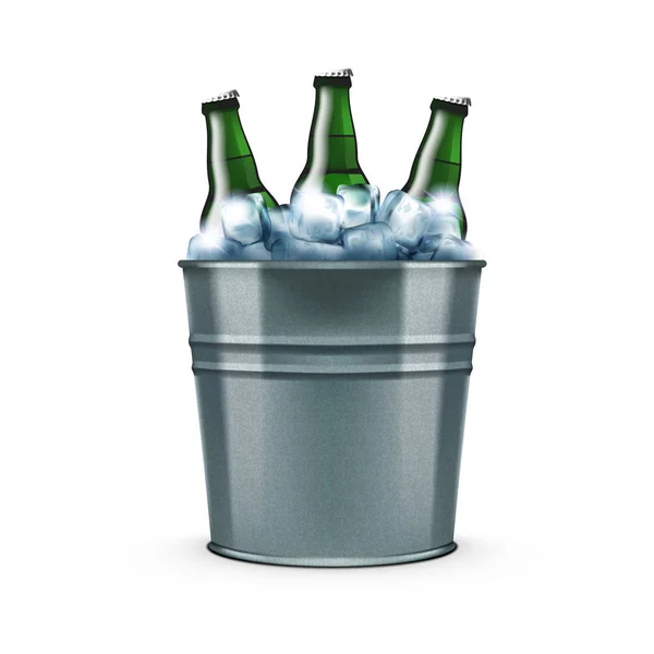 Garrafas de cerveja em balde de gelo de barra de metal para bebidas frescas —  Vetores de Stock